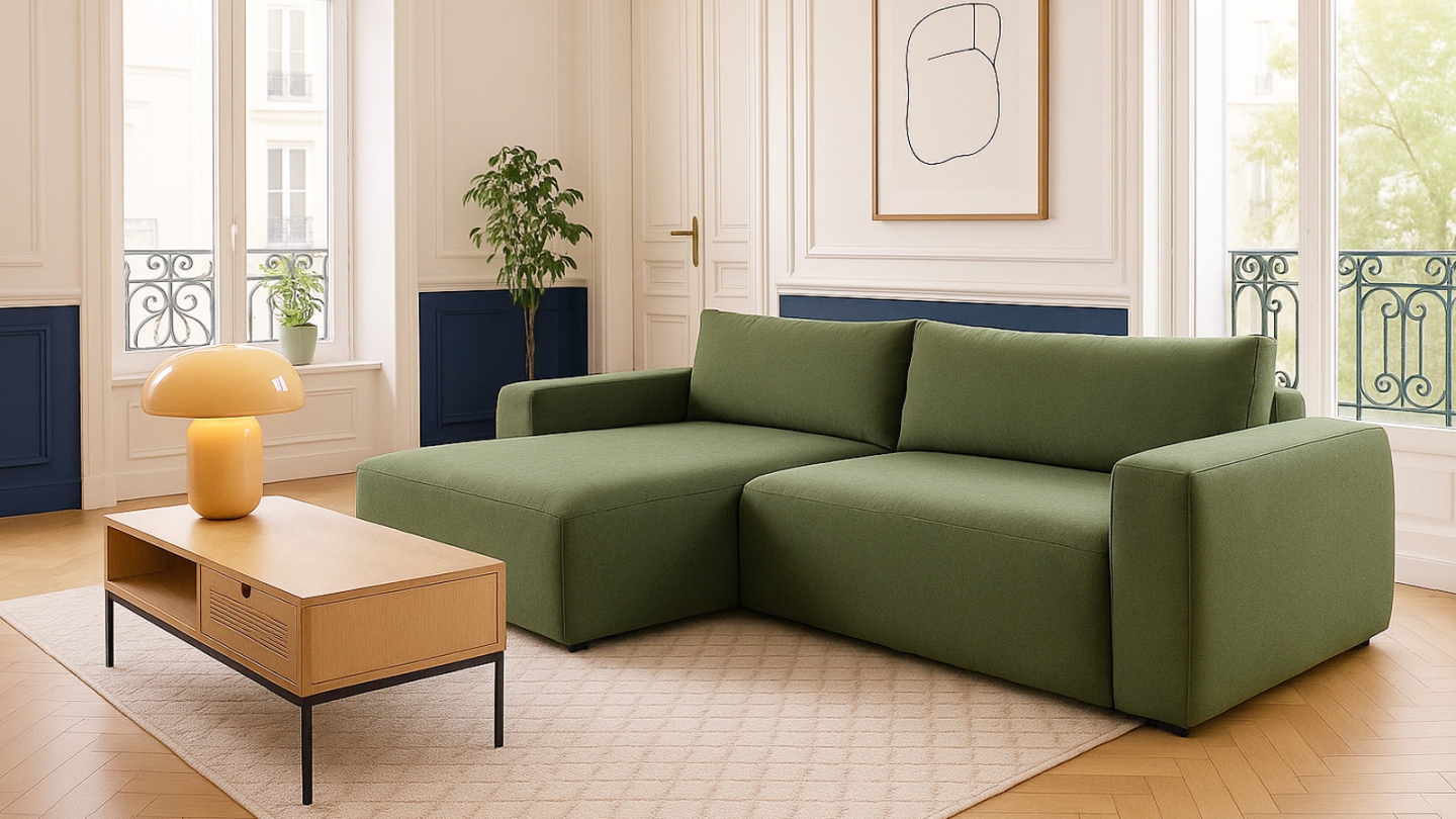 Canapé d'angle gauche convertible 3 places en tissu chenille vert olive - Sonny