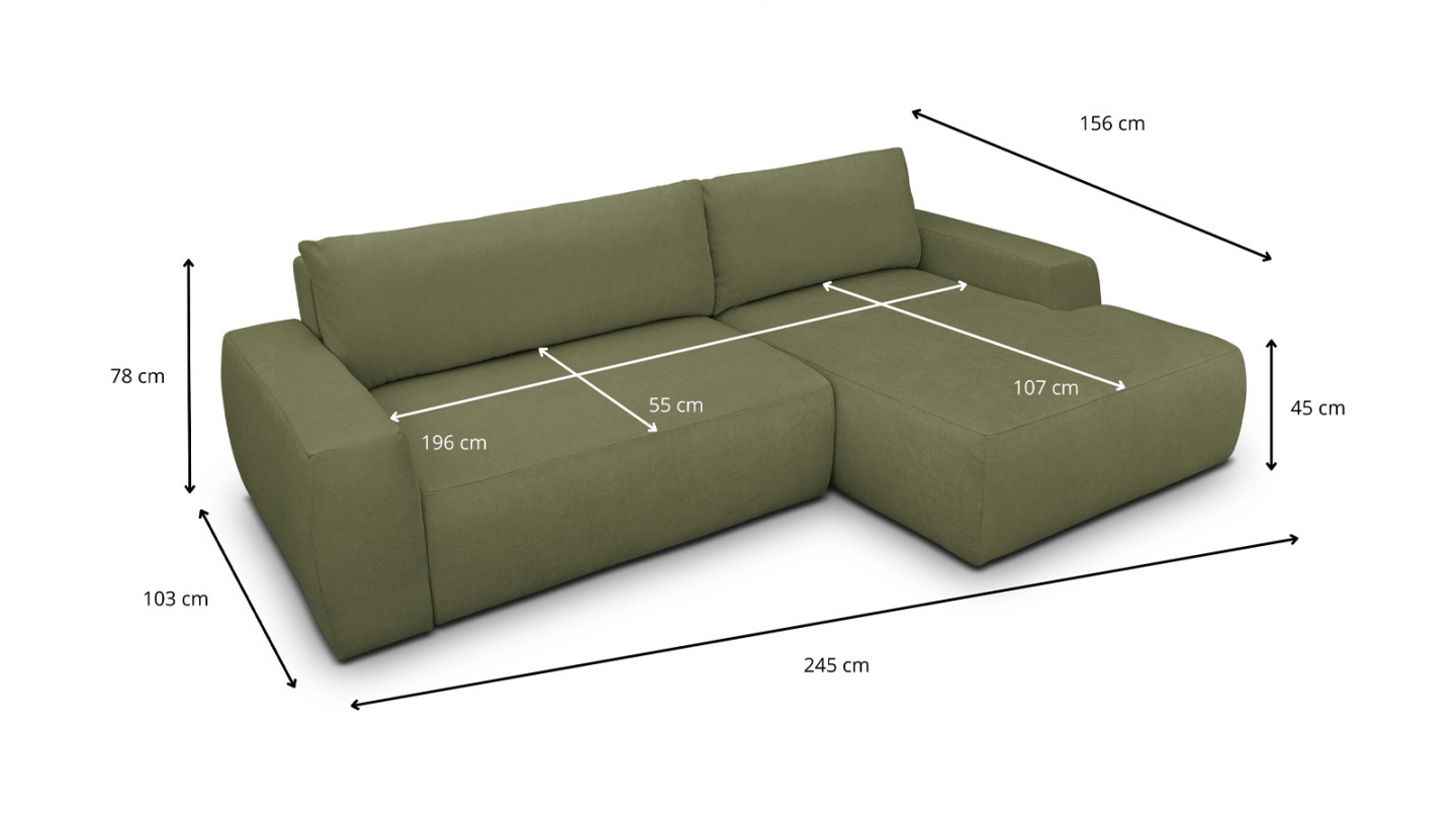 Canapé d'angle droit convertible 3 places en tissu chenille vert olive - Sonny