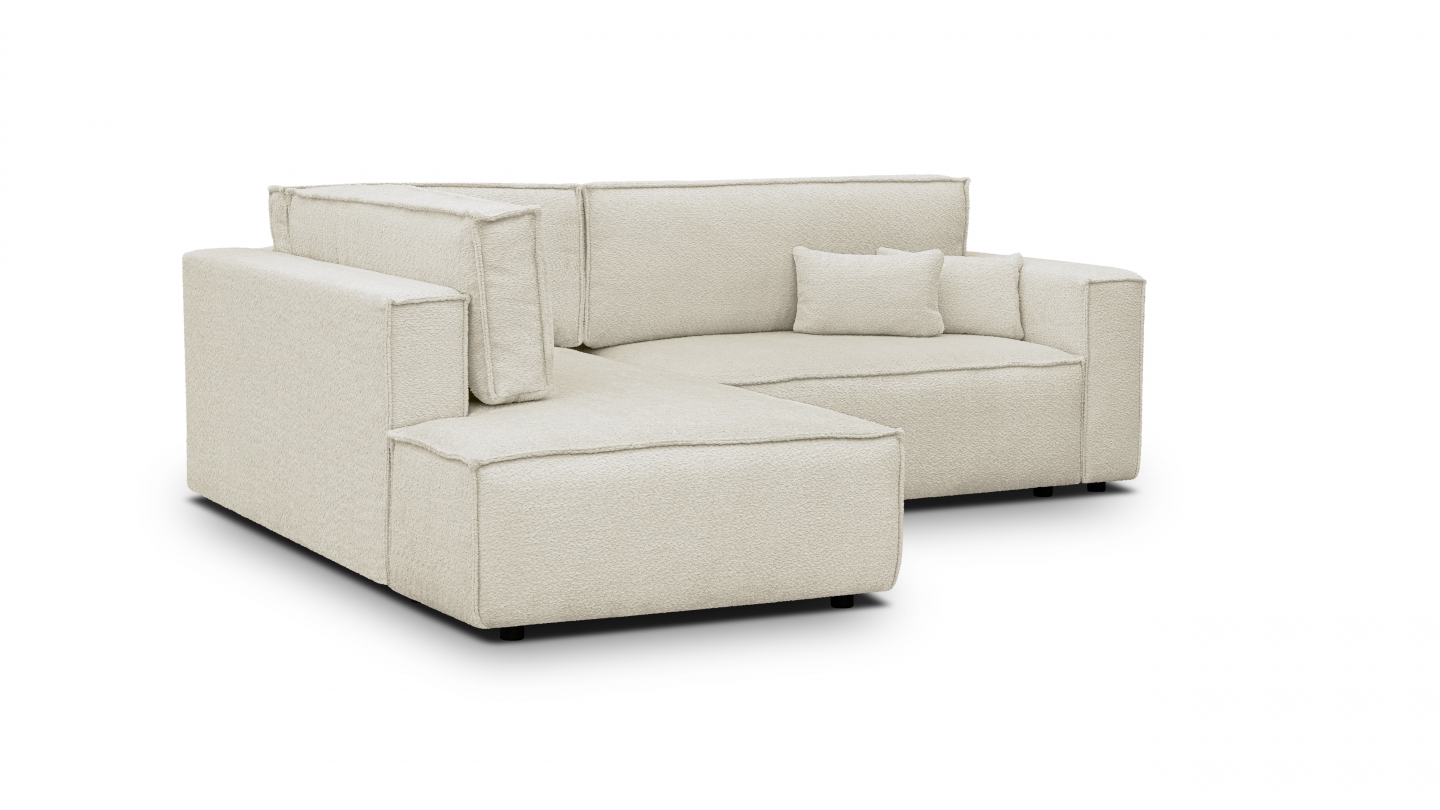 Canapé d'angle ouvert à gauche convertible 3 places en tissu bouclé beige - Emma