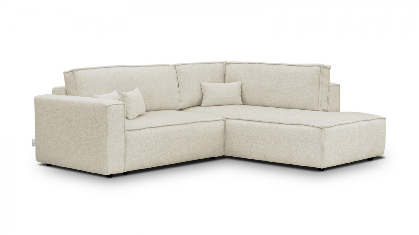 Canapé d'angle ouvert à droite convertible 3 places en tissu bouclé beige - Emma