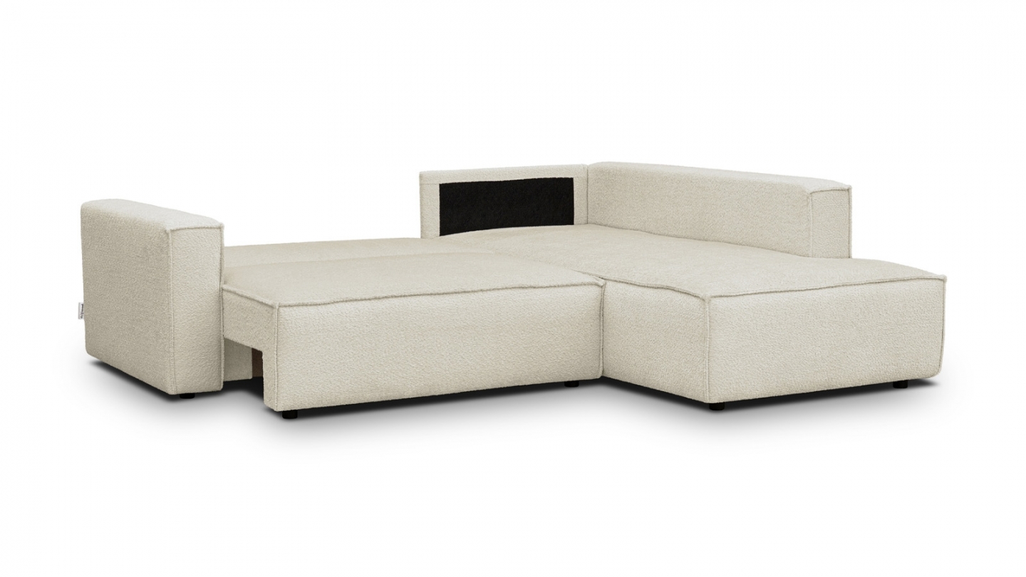 Canapé d'angle ouvert à droite convertible 3 places en tissu bouclé beige - Emma