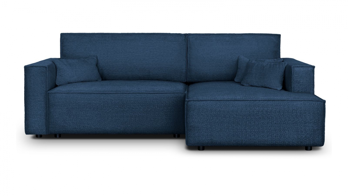 Canapé d'angle à droite convertible 3 places en tissu bouclé bleu foncé - Asti