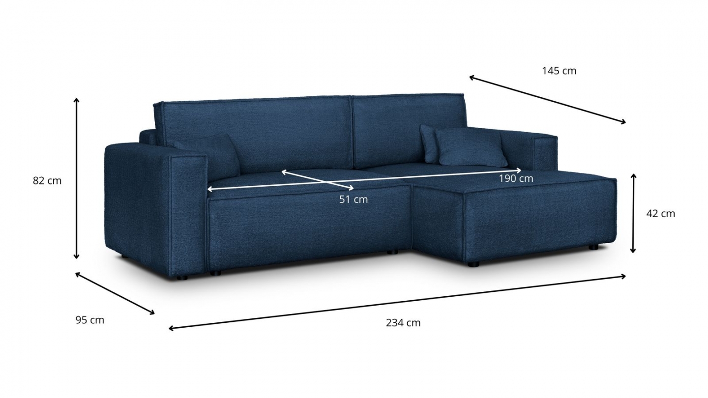 Canapé d'angle à droite convertible 3 places en tissu bouclé bleu foncé - Asti