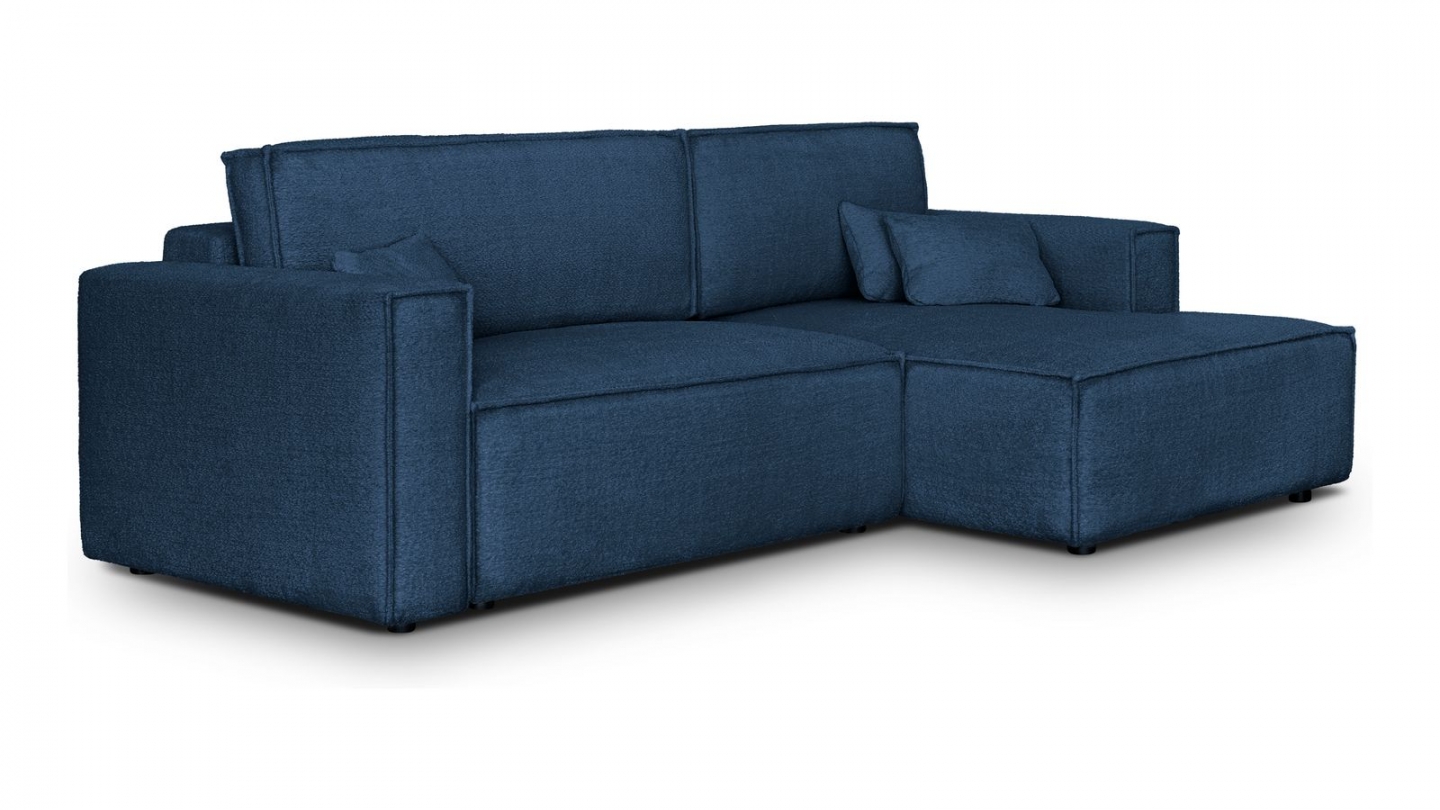 Canapé d'angle à droite convertible 3 places en tissu bouclé bleu foncé - Asti