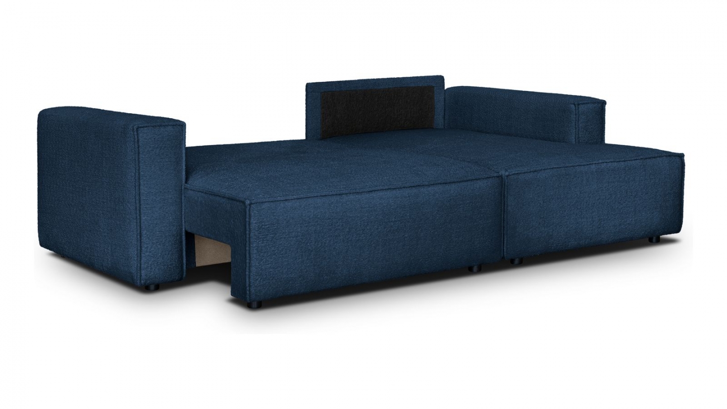 Canapé d'angle à droite convertible 3 places en tissu bouclé bleu foncé - Asti
