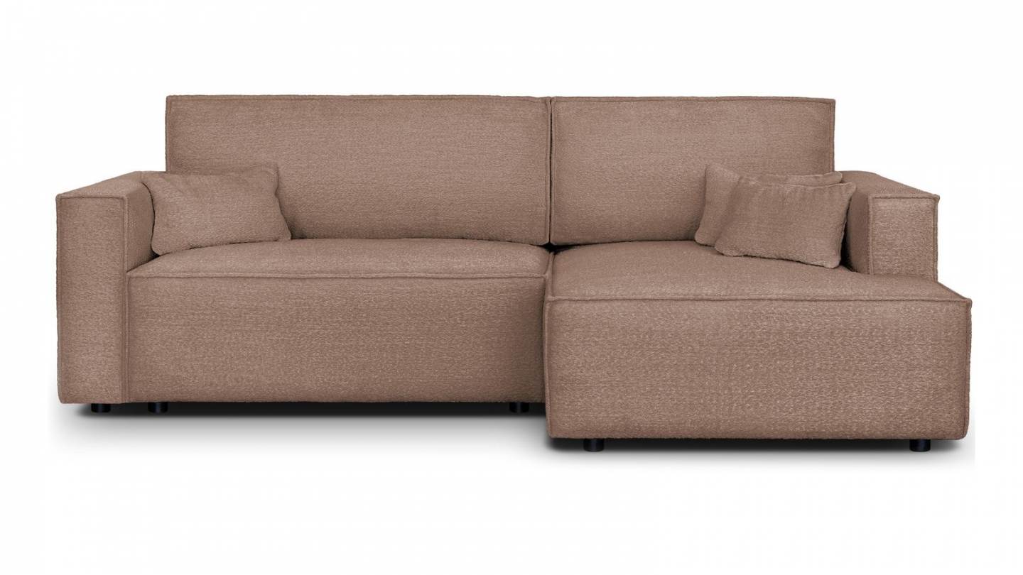 Canapé d'angle à droite convertible 3 places en tissu bouclé rose poudré - Asti