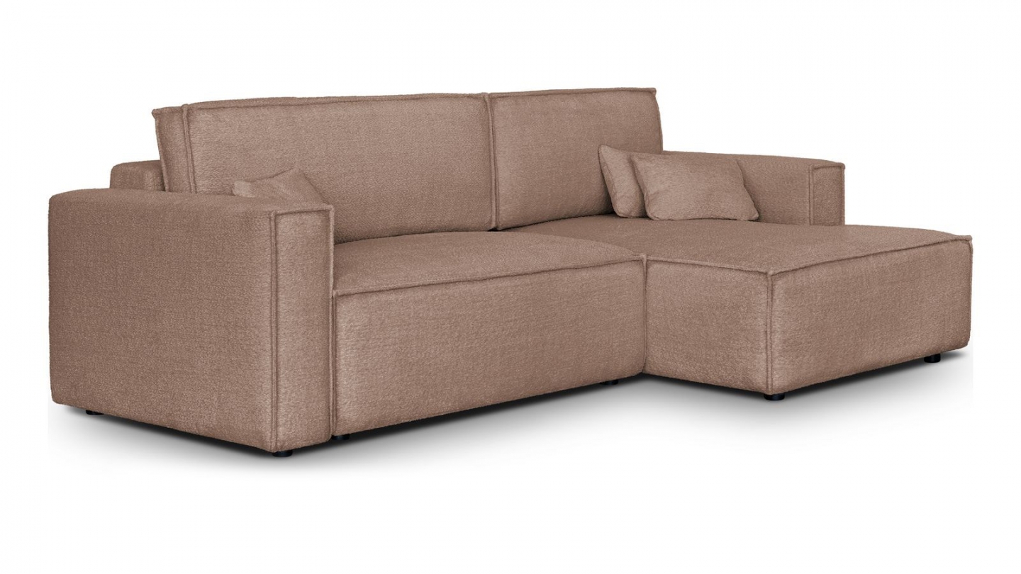 Canapé d'angle à droite convertible 3 places en tissu bouclé rose poudré - Asti