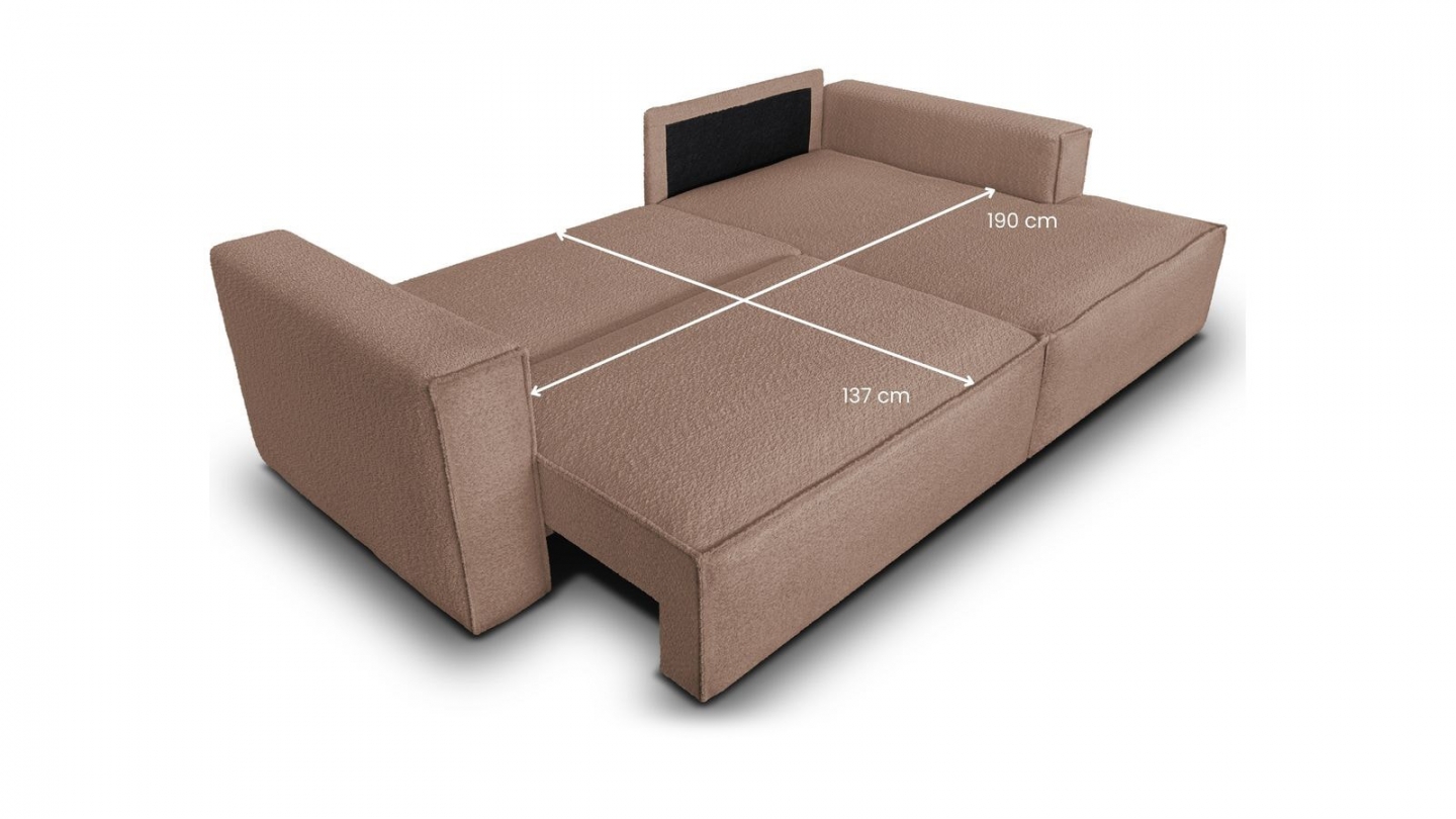 Canapé d'angle à droite convertible 3 places en tissu bouclé rose poudré - Asti