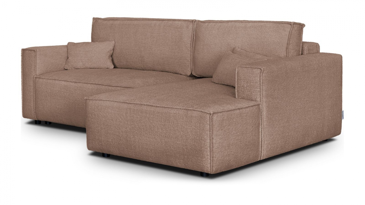 Canapé d'angle à droite convertible 3 places en tissu bouclé rose poudré - Asti