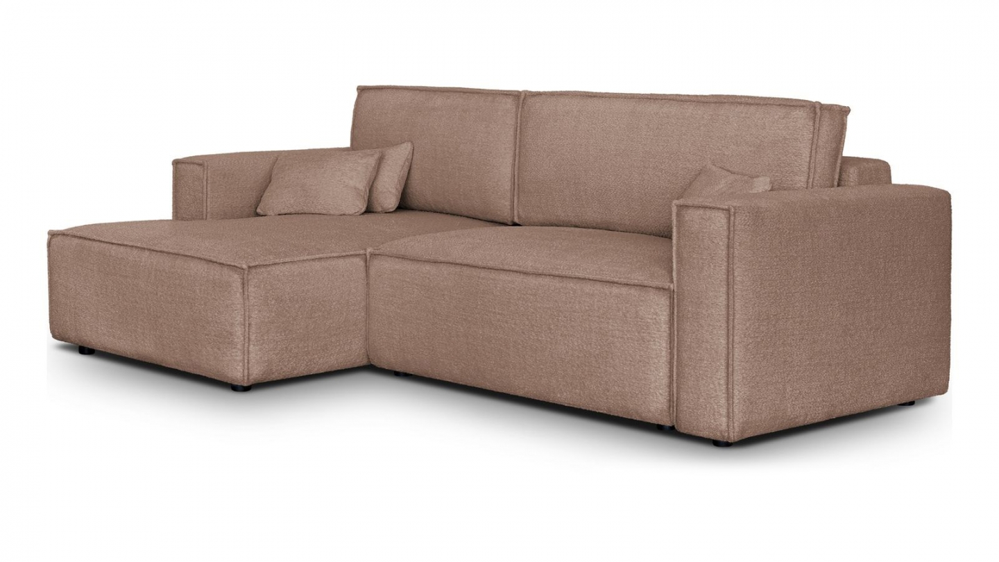 Canapé d'angle à gauche convertible 3 places en tissu bouclé rose poudré - Asti