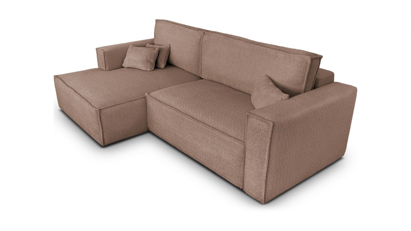 Canapé d'angle à gauche convertible 3 places en tissu bouclé rose poudré - Asti