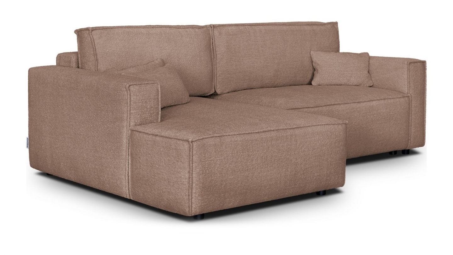 Canapé d'angle à gauche convertible 3 places en tissu bouclé rose poudré - Asti