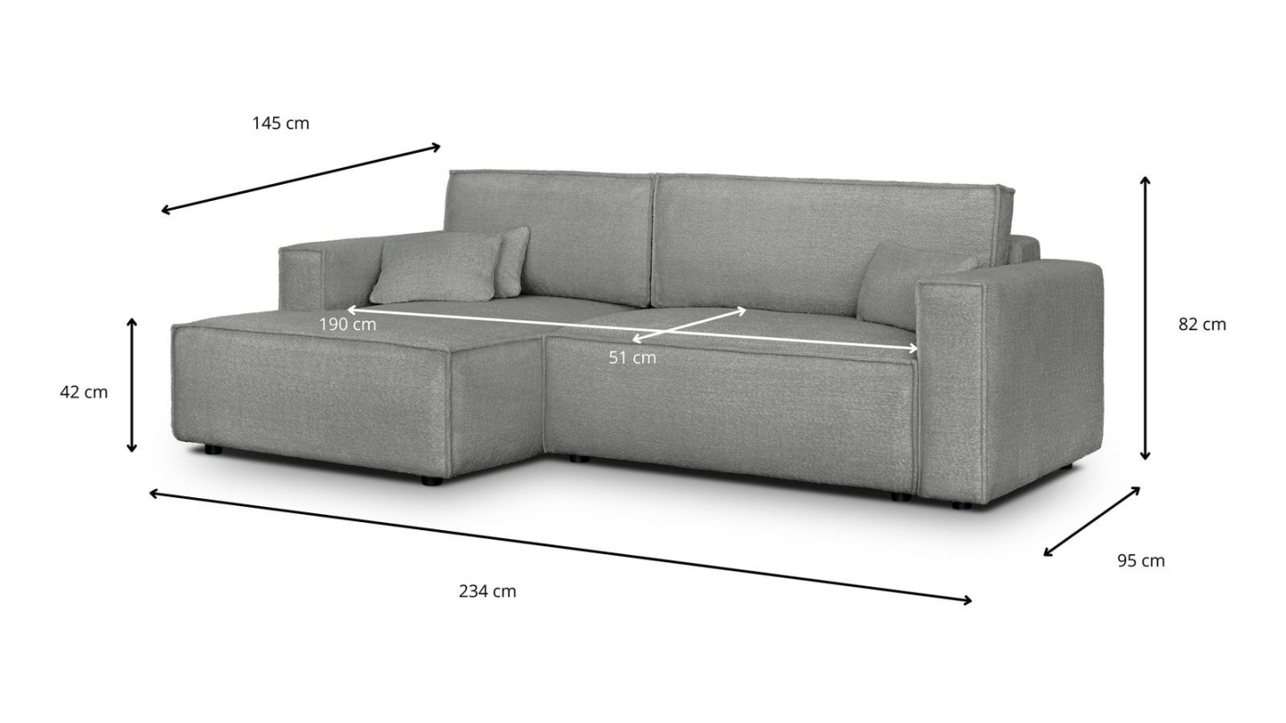 Canapé d'angle à gauche convertible 3 places en tissu bouclé gris clair - Asti