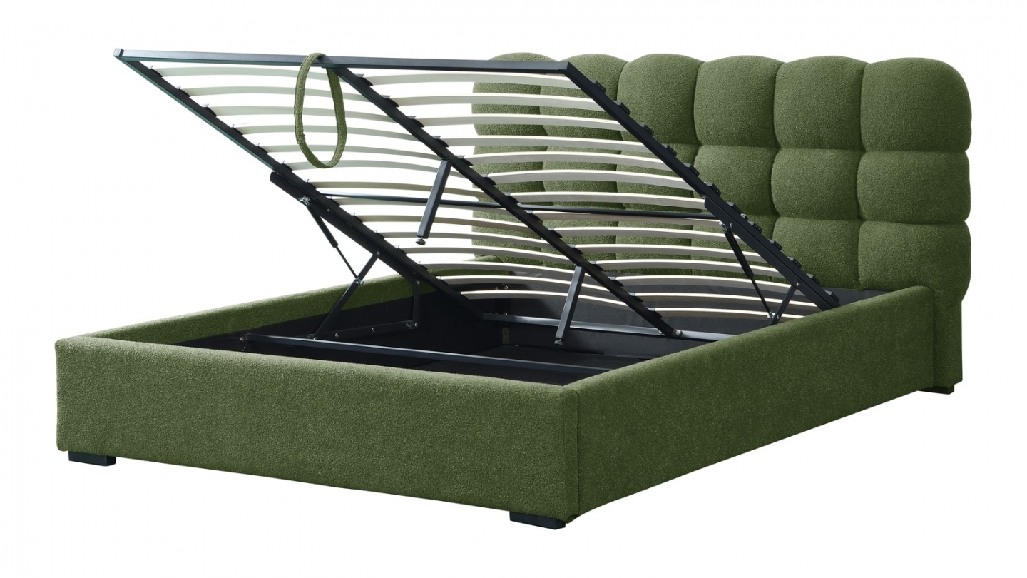 Lit coffre adulte 140x190 cm avec sommier et tête de lit capitonnée en tissu bouclé vert - Lola