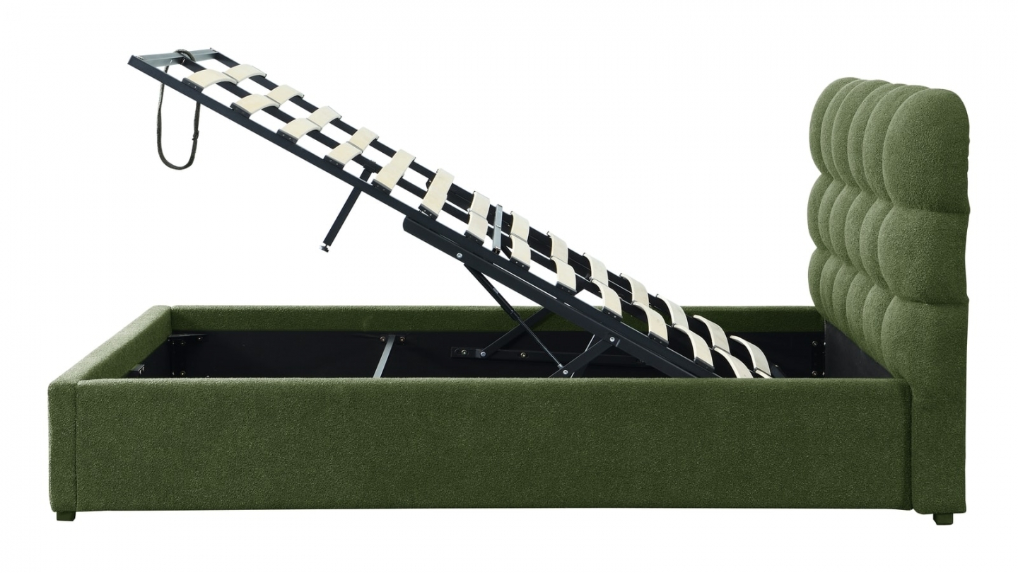 Lit coffre adulte 140x190 cm avec sommier et tête de lit capitonnée en tissu bouclé vert - Lola