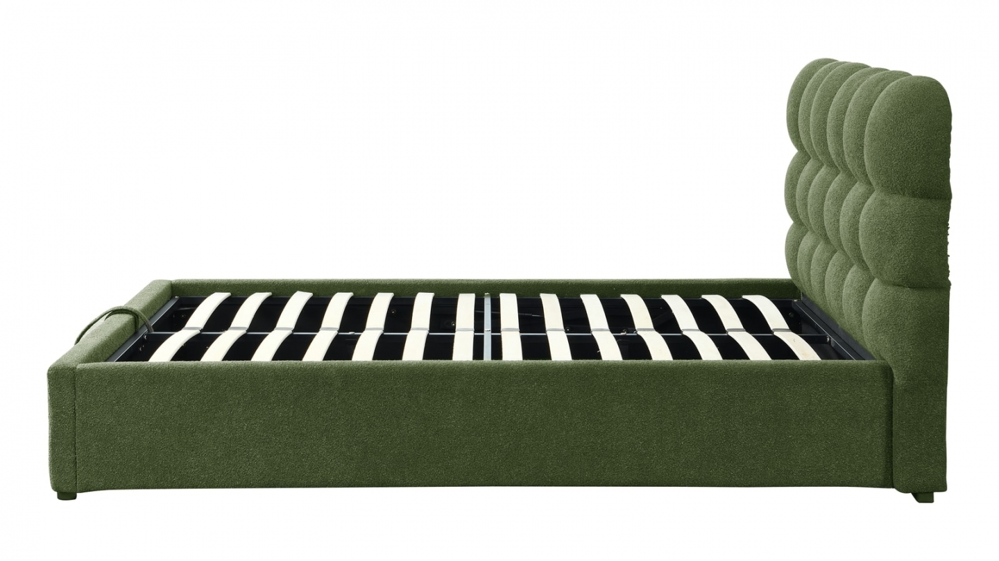 Lit coffre adulte 140x190 cm avec sommier et tête de lit capitonnée en tissu bouclé vert - Lola