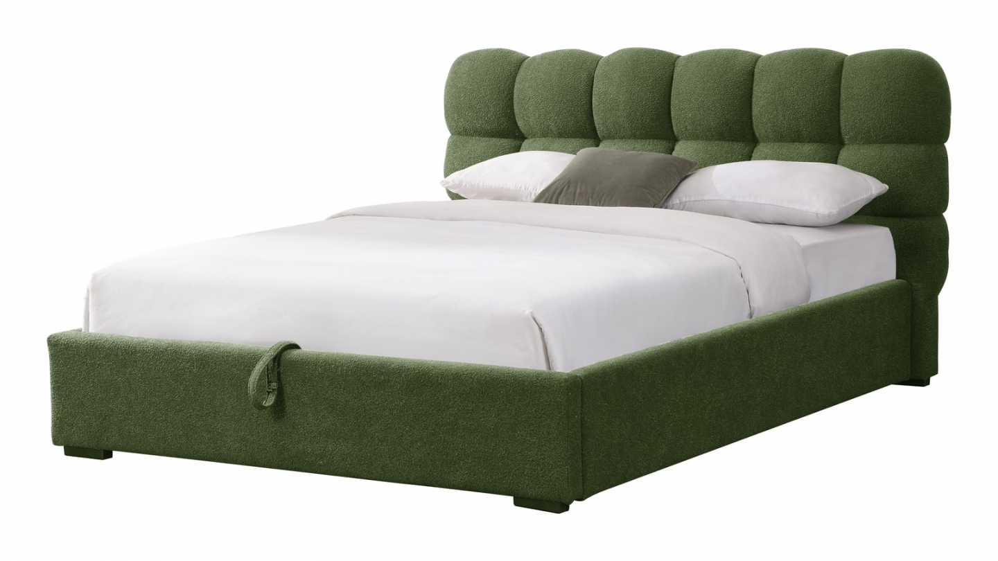 Lit coffre adulte 140x190 cm avec sommier et tête de lit capitonnée en tissu bouclé vert - Lola