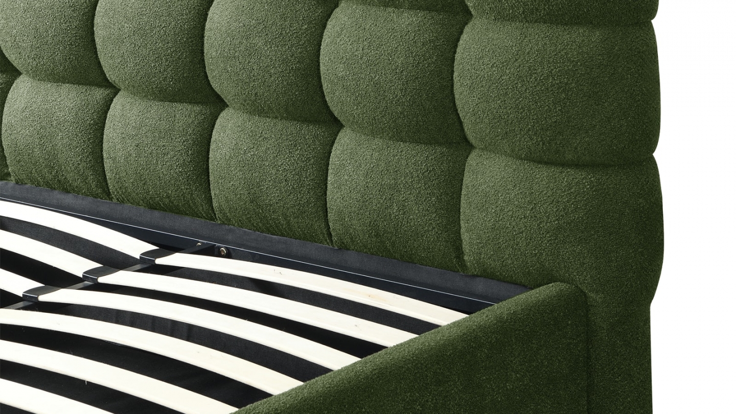 Lit coffre adulte 140x190 cm avec sommier et tête de lit capitonnée en tissu bouclé vert - Lola