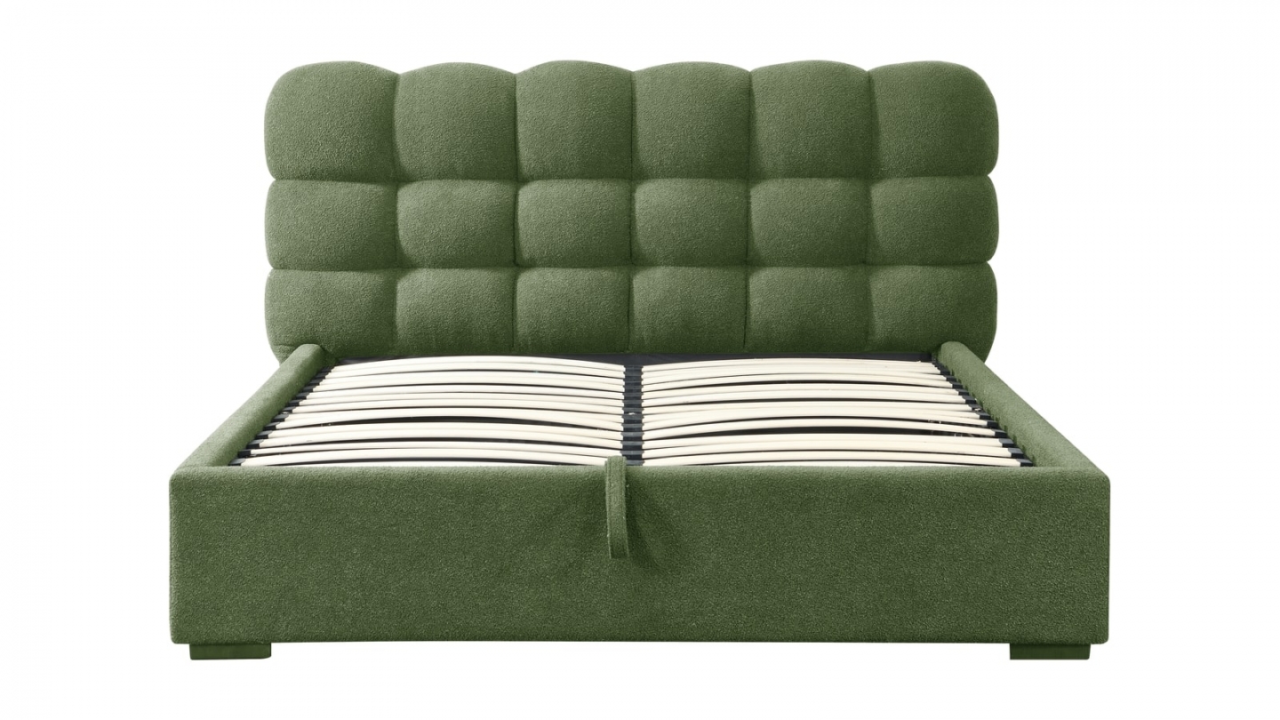 Lit coffre adulte 160x200 cm avec sommier et tête de lit capitonnée en tissu bouclé vert - Lola