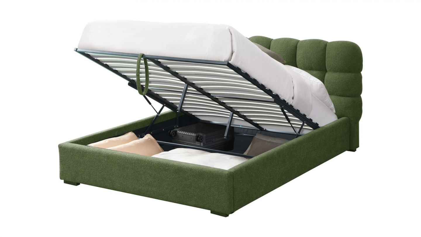 Lit coffre adulte 160x200 cm avec sommier et tête de lit capitonnée en tissu bouclé vert - Lola