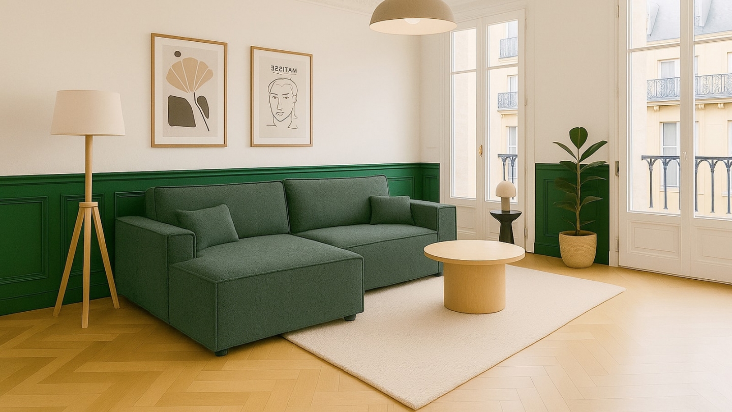 Canapé d'angle à gauche convertible 3 places en tissu bouclé vert foncé - Asti Canapé d'angle à gauche convertible 3 places en tissu bouclé vert foncé - Asti