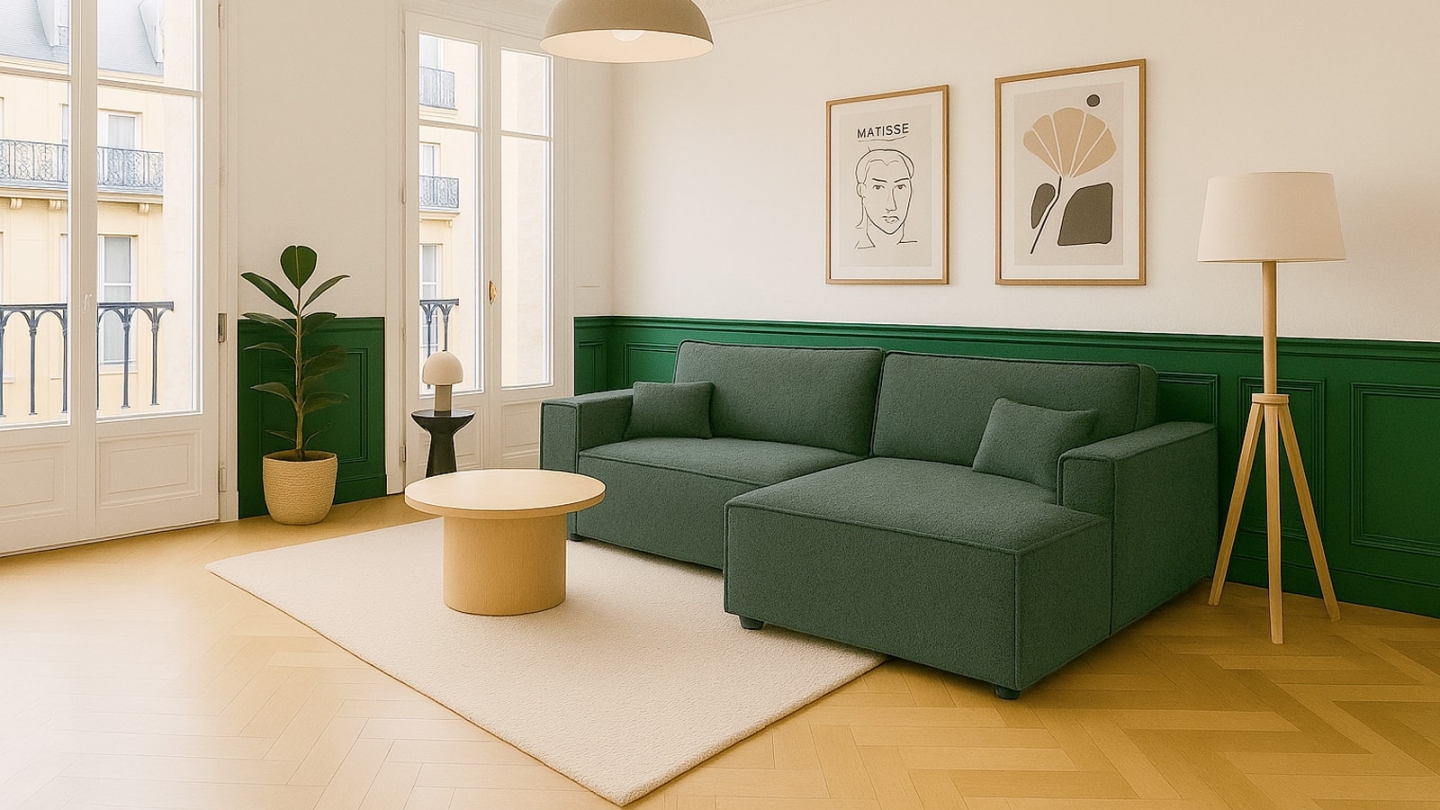 Canapé d'angle à droite convertible 3 places en tissu bouclé vert foncé - Asti Canapé d'angle à droite convertible 3 places en tissu bouclé vert foncé - Asti