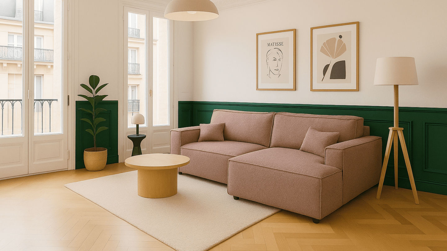 Canapé d'angle à droite convertible 3 places en tissu bouclé rose poudré - Asti