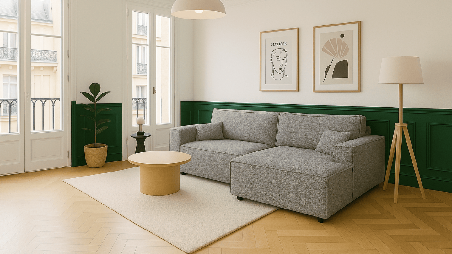 Canapé d'angle à droite convertible 3 places en tissu bouclé gris clair - Asti