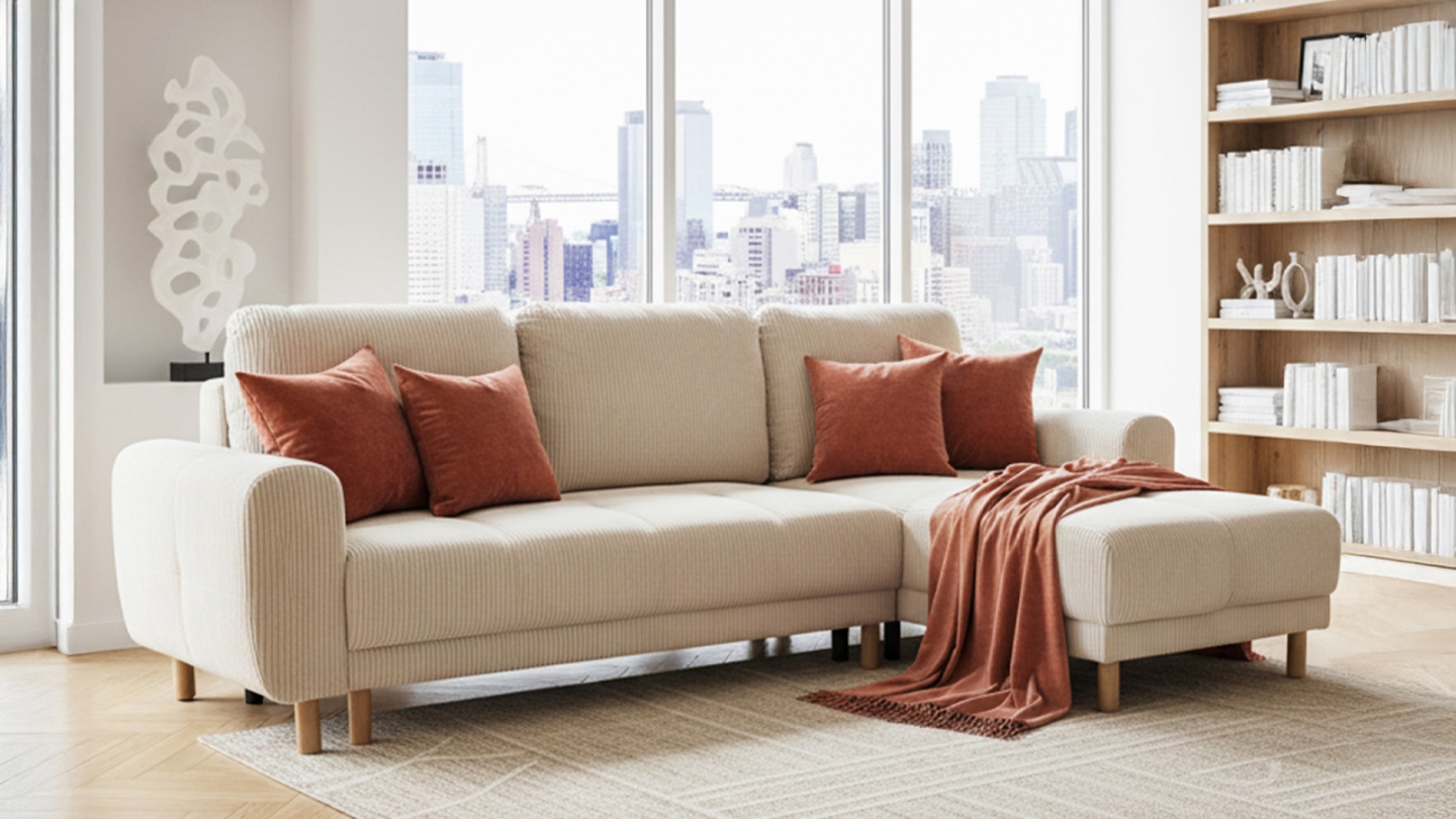 Canapé d'angle convertible réversible 3/4 places en velours côtelé beige - Alva