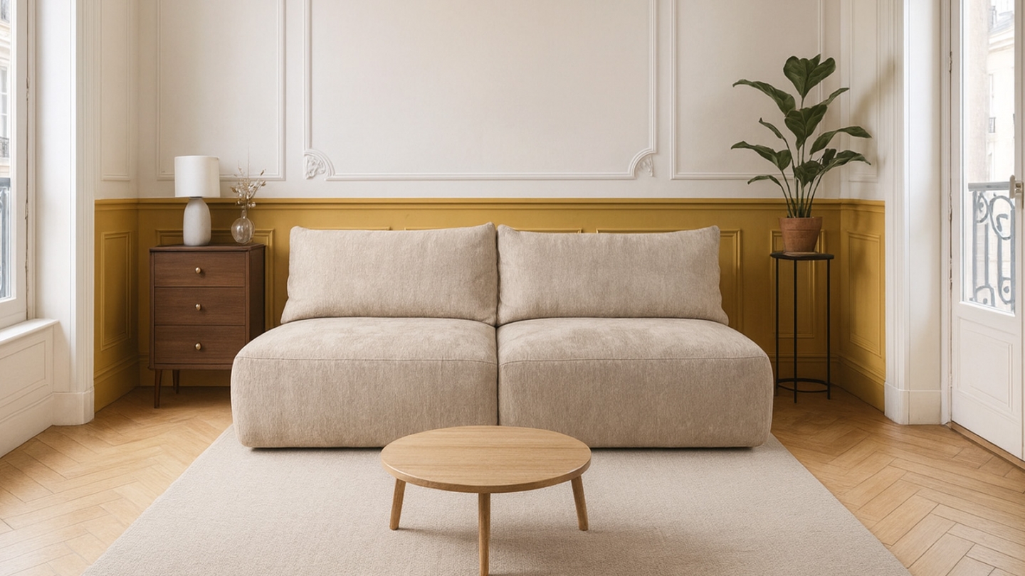 Canapé convertible 3 places avec coffre de rangement en tissu chenille taupe - Jasper Canapé convertible 3 places avec coffre de rangement en tissu chenille taupe - Jasper