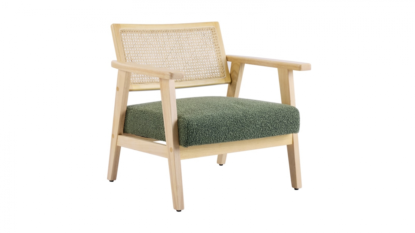Fauteuil en tissu bouclé vert et cannage naturel - Tim