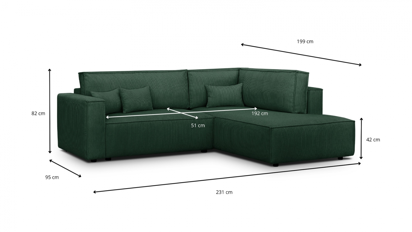 Canapé d'angle ouvert à droite convertible 3 places en velours côtelé vert - Emma Canapé d'angle ouvert à droite convertible 3 places en velours côtelé vert - Emma