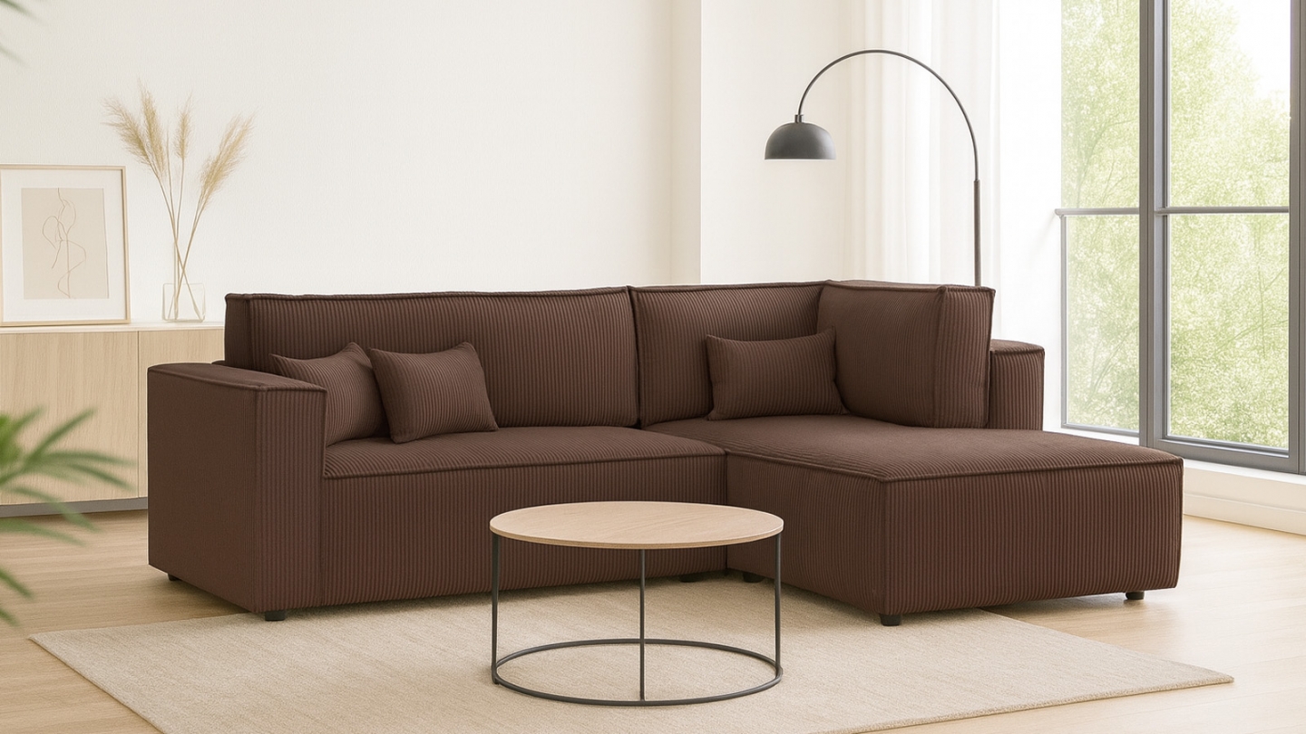 Canapé d'angle ouvert à droite convertible 3 places en velours côtelé moka - Emma Canapé d'angle ouvert à droite convertible 3 places en velours côtelé moka - Emma