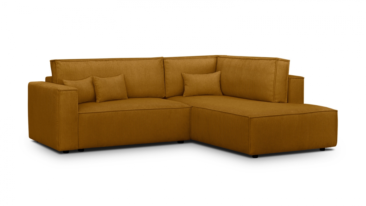 Canapé d'angle ouvert à droite convertible 3 places en velours côtelé jaune moutarde - Emma Canapé d'angle ouvert à droite convertible 3 places en velours côtelé jaune moutarde - Emma