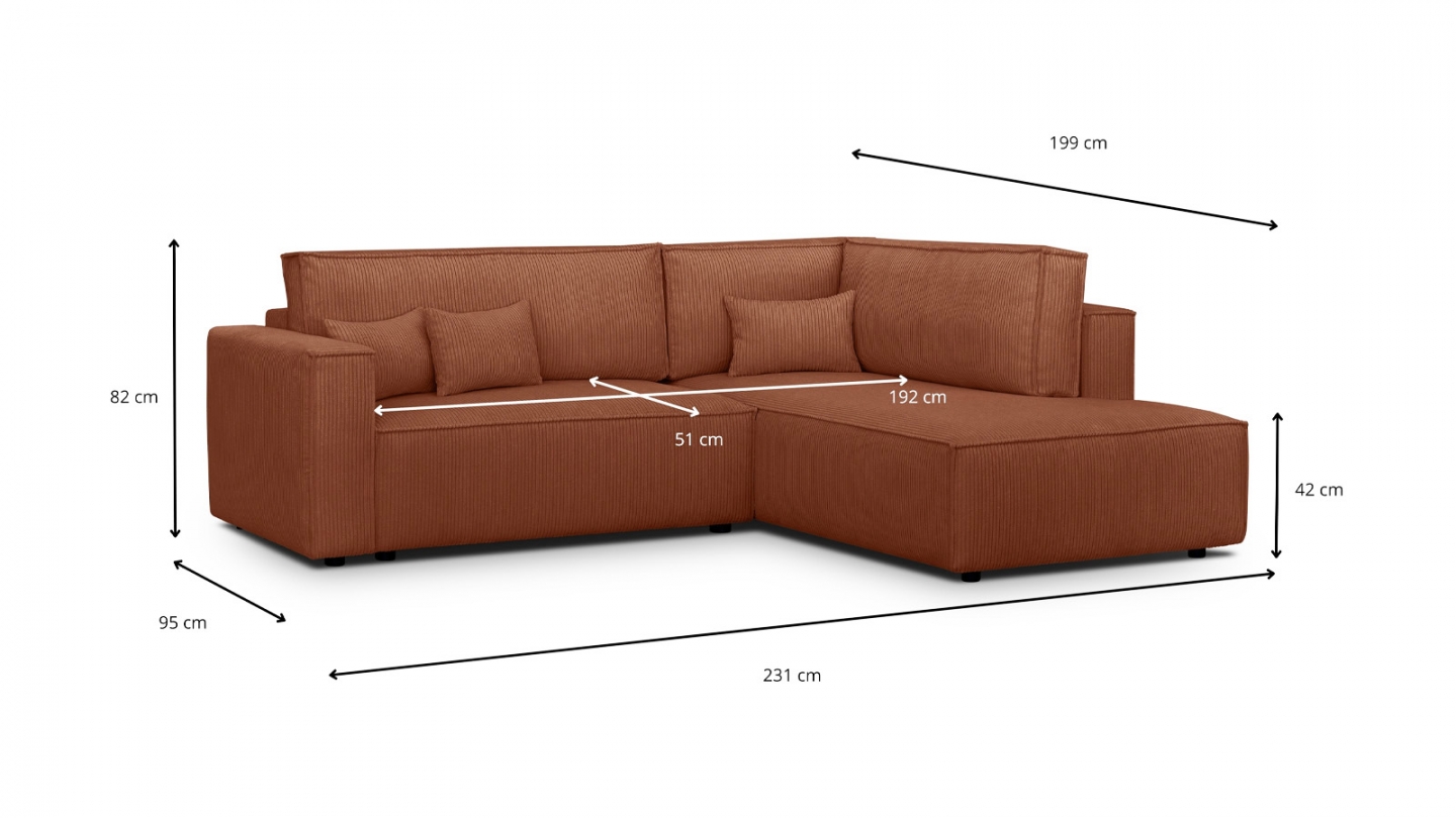 Canapé d'angle ouvert à droite convertible 3 places en velours côtelé rouille - Emma Canapé d'angle ouvert à droite convertible 3 places en velours côtelé rouille - Emma