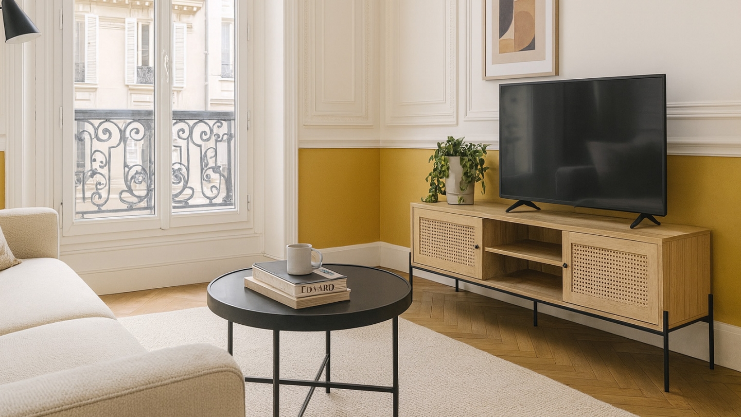 Meuble TV 2 portes en cannage naturel et effet chêne 160 cm - Iris Meuble TV 2 portes en cannage naturel et effet chêne 160 cm - Iris