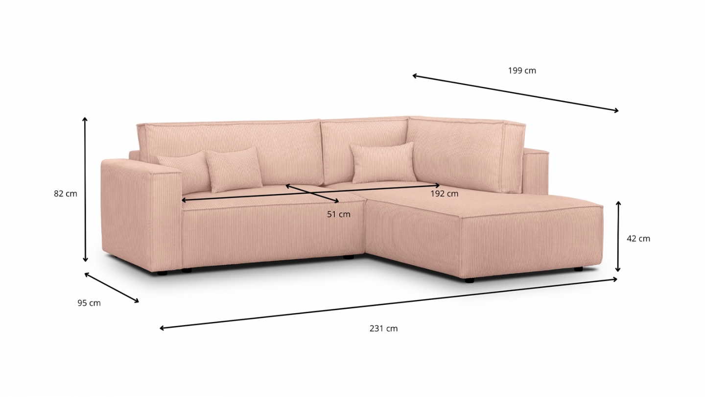 Canapé d'angle ouvert à droite convertible 3 places en velours côtelé rose pâle - Emma Canapé d'angle ouvert à droite convertible 3 places en velours côtelé rose pâle - Emma