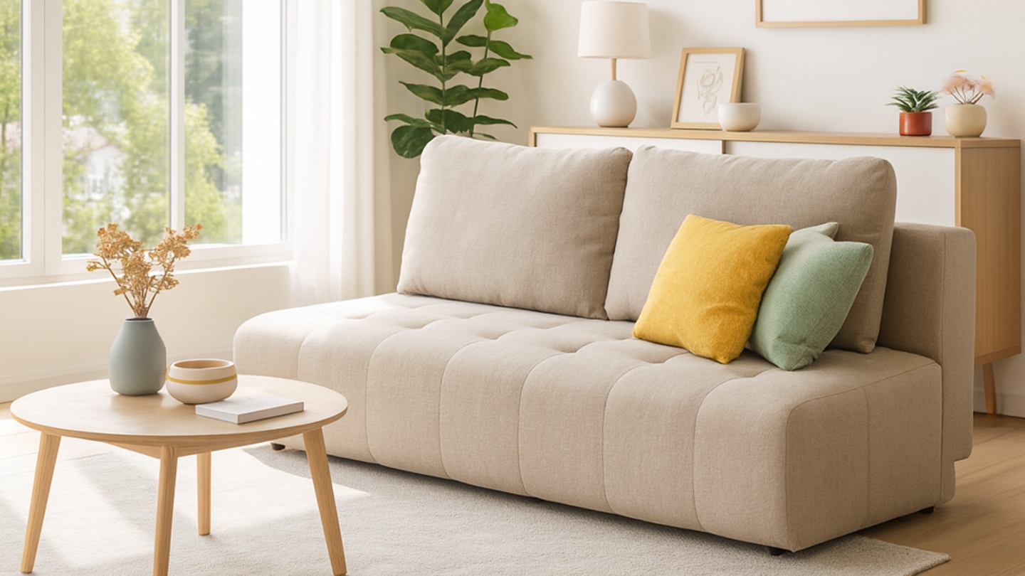 Canapé convertible 3 places en tissu beige - Sacha