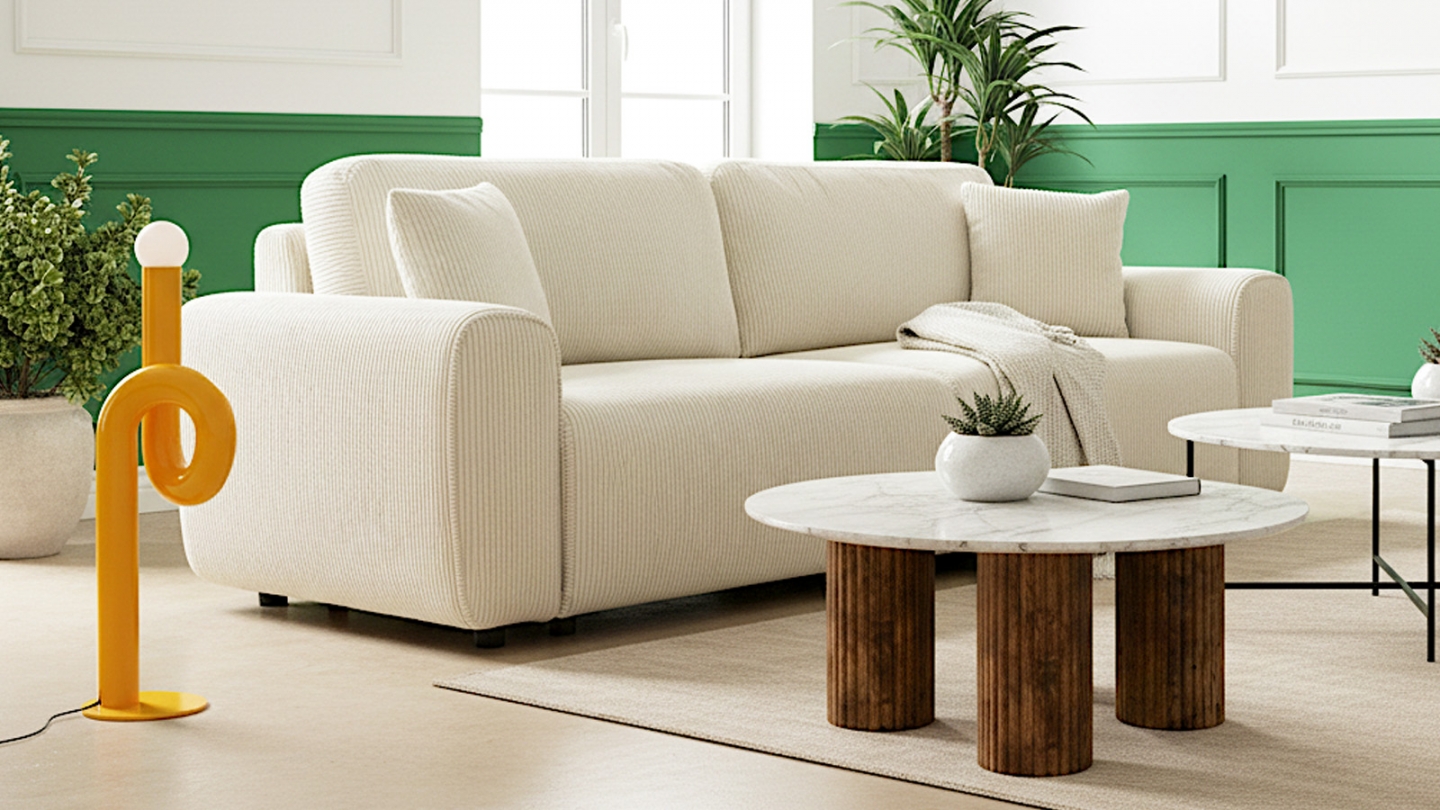 Canapé convertible 3 places en velours côtelé beige - Grazia