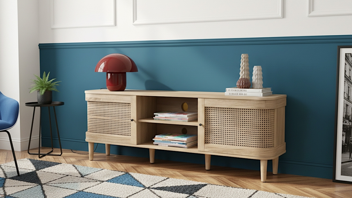 Meuble TV 2 Portes Vert 160cm Sana - Style Rustique-Scandinave, Niche Ouverte, Fermeture Douce
