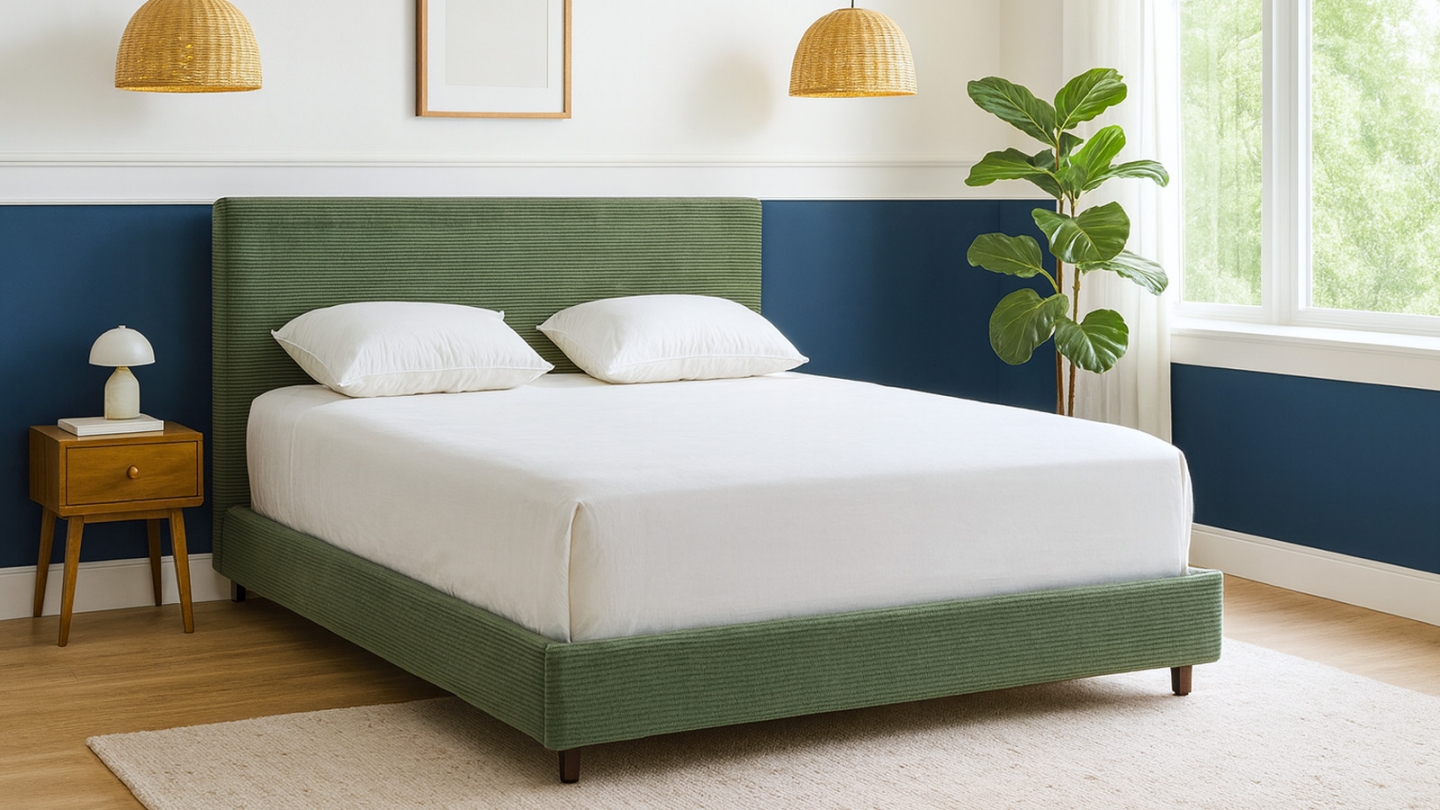 Lit adulte 160x200 cm avec tête de lit capitonnée en velours côtelé vert - William Lit adulte 160x200 cm avec tête de lit capitonnée en velours côtelé vert - William