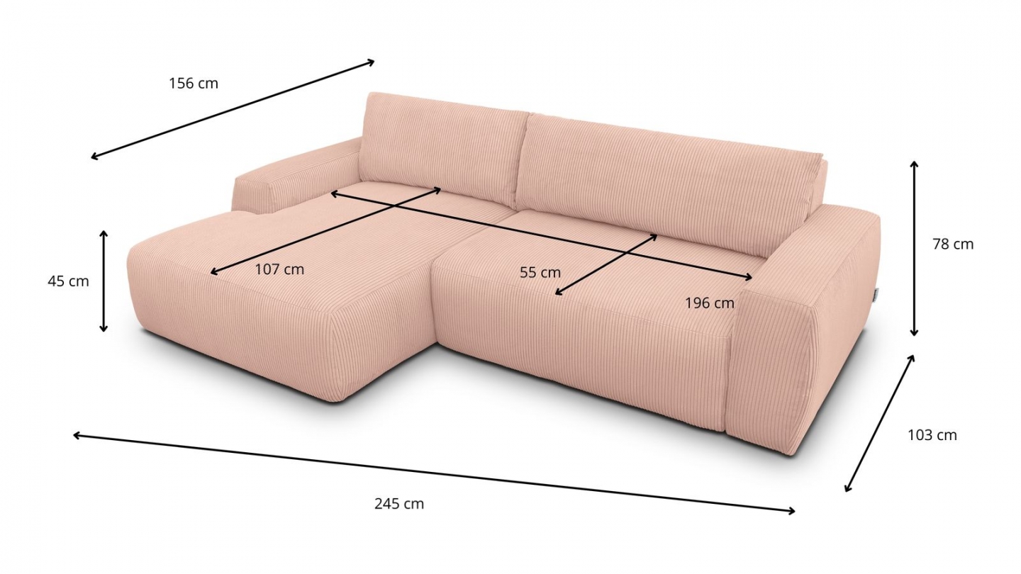 Canapé d'angle gauche convertible 3 places en velours côtelé rose pâle - Sonny