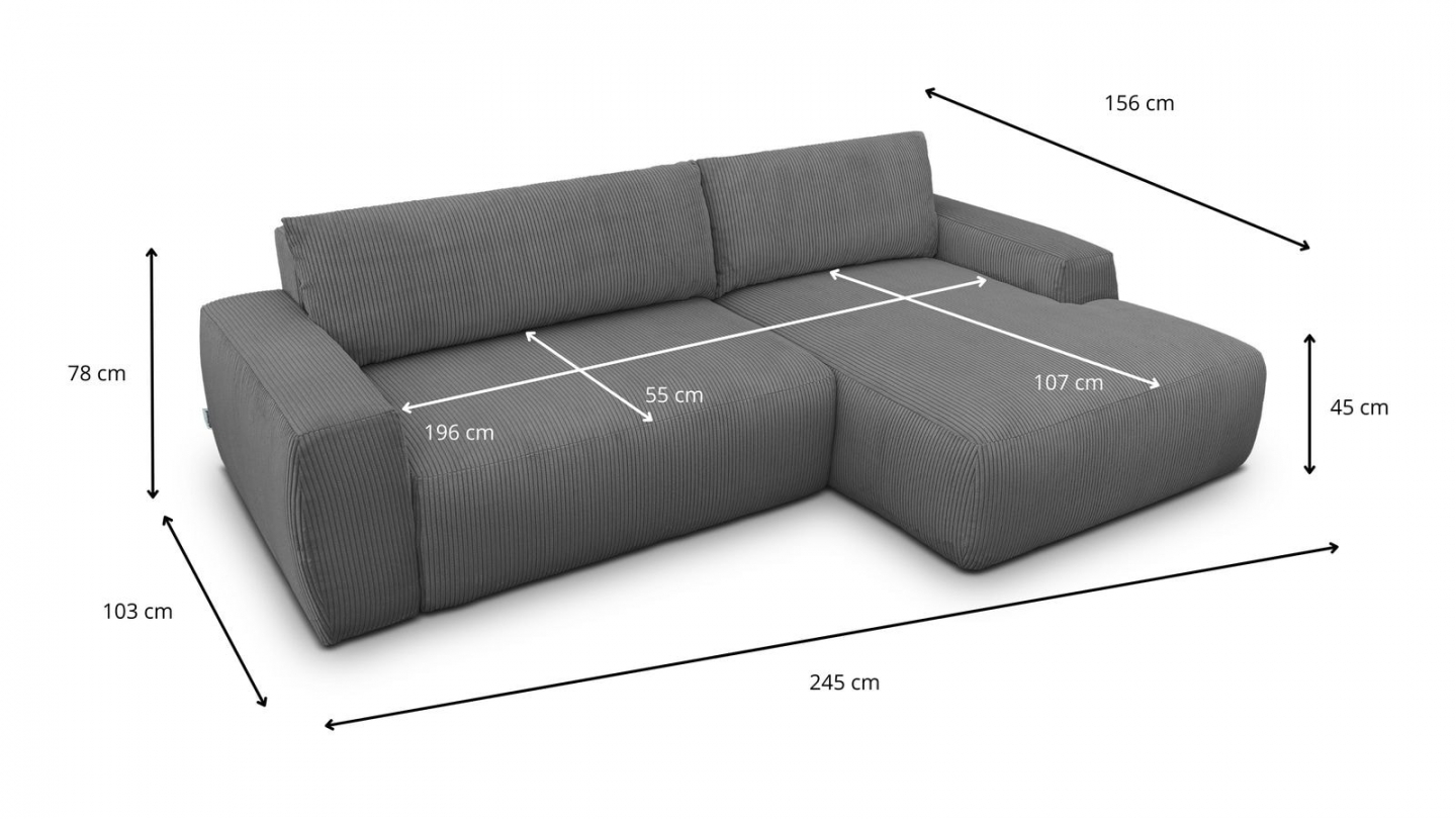 Canapé d'angle droit convertible 3 places en velours côtelé gris anthracite - Sonny