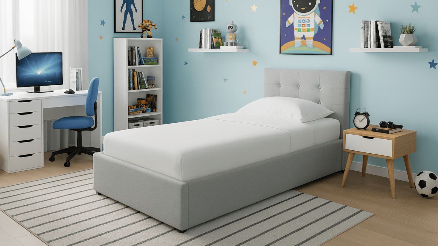 Lit coffre adulte 90x190 cm avec tête de lit capitonnée en tissu gris et sommier - Tina