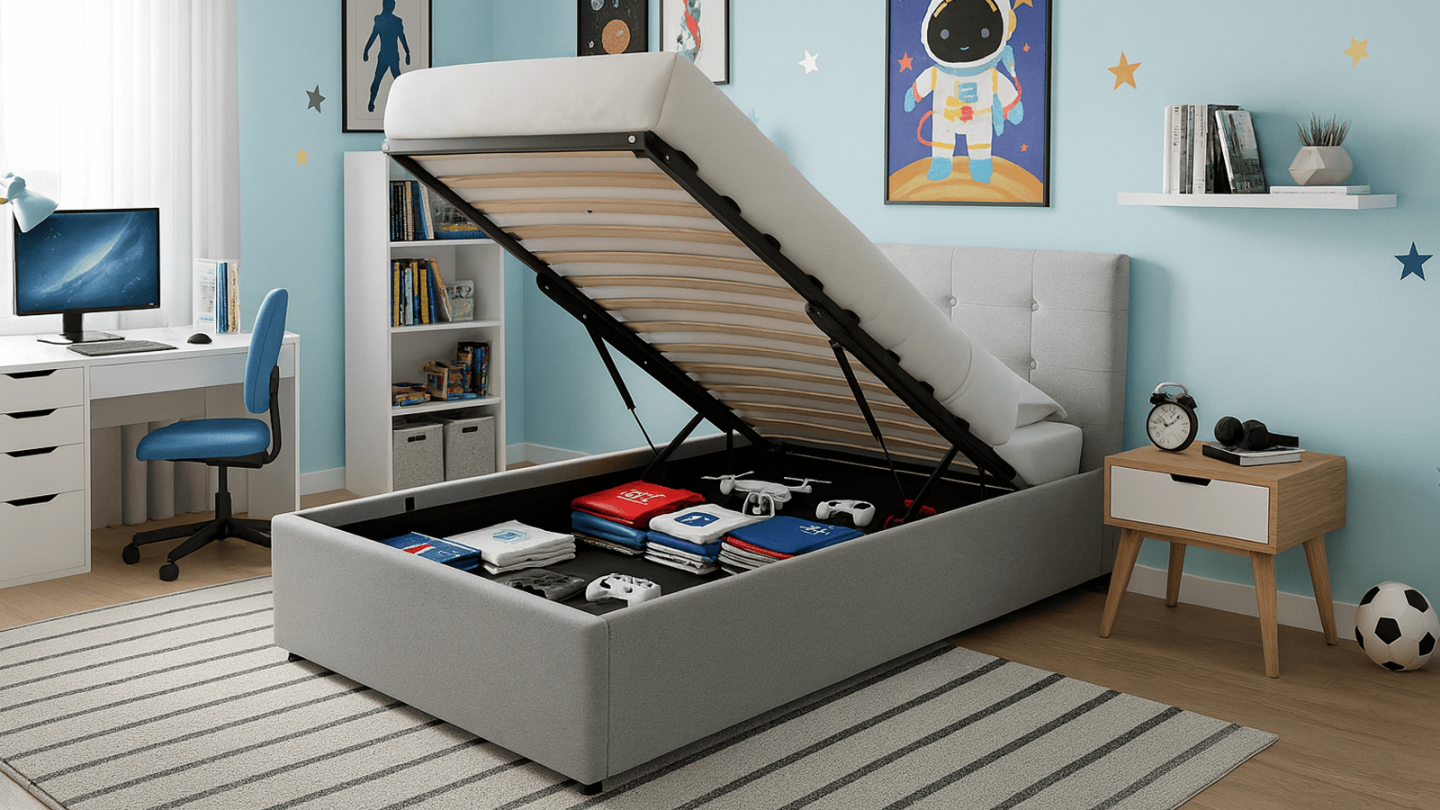 Lit coffre adulte 90x190 cm avec tête de lit capitonnée en tissu gris et sommier - Tina