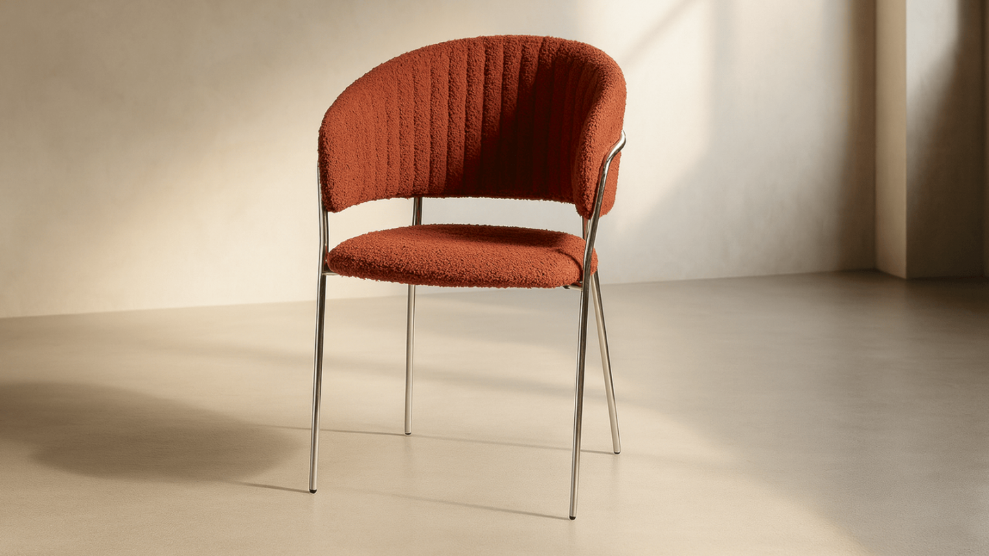 Lot de 2 chaises en tissu bouclé rouille et piètement chromé - Isya Lot de 2 chaises en tissu bouclé rouille et piètement chromé - Isya