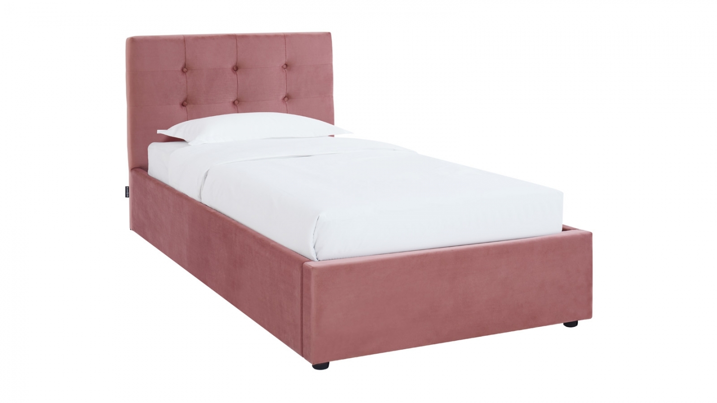 Ensemble Lit coffre adulte 90x190cm avec tête de lit en velours rose - Tina + Matelas mémoire de forme - Memo HR
