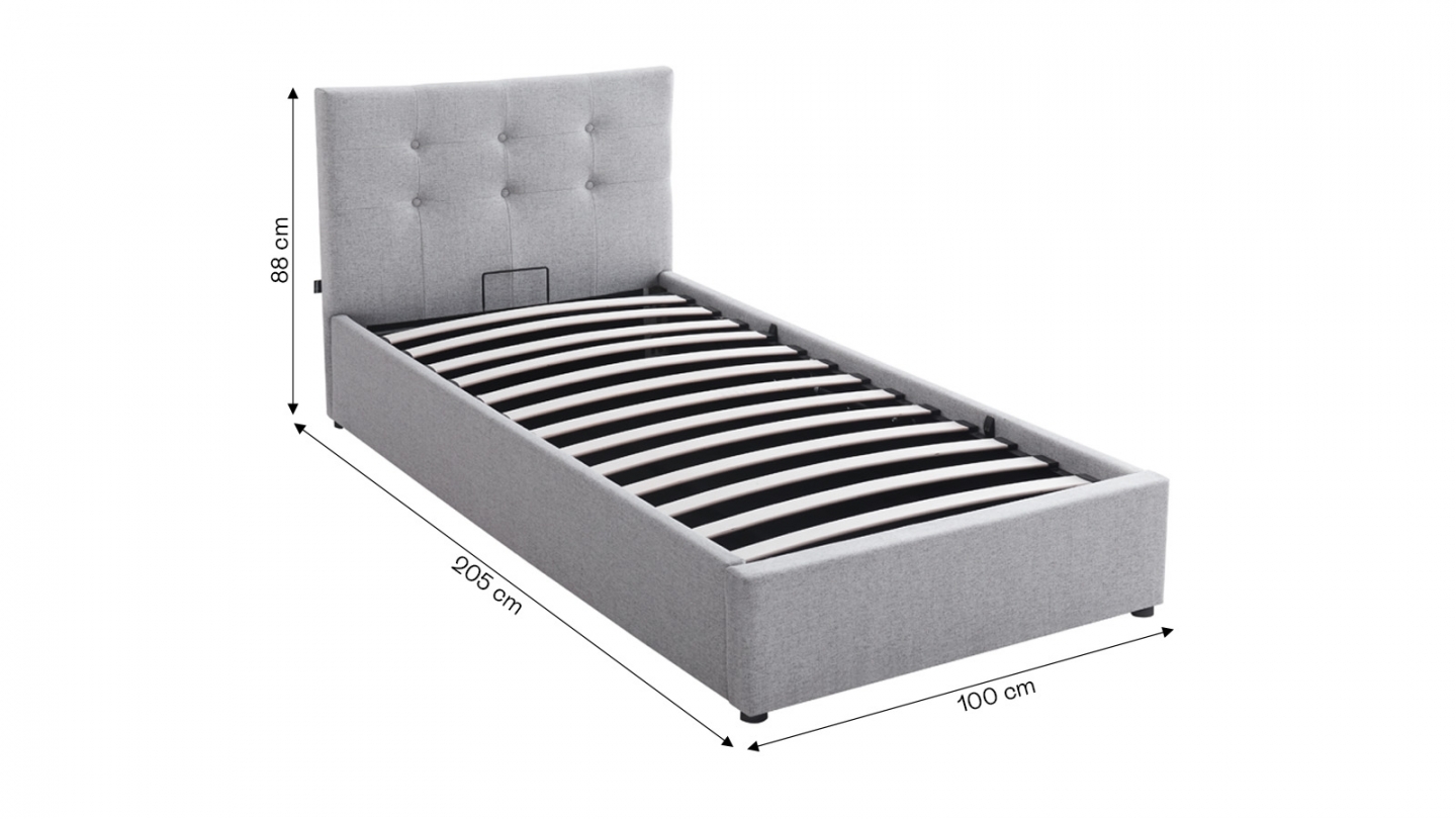 Ensemble Lit coffre adulte 90x190cm avec tête de lit en tissu gris - Tina + Matelas mémoire de forme - Memo HR
