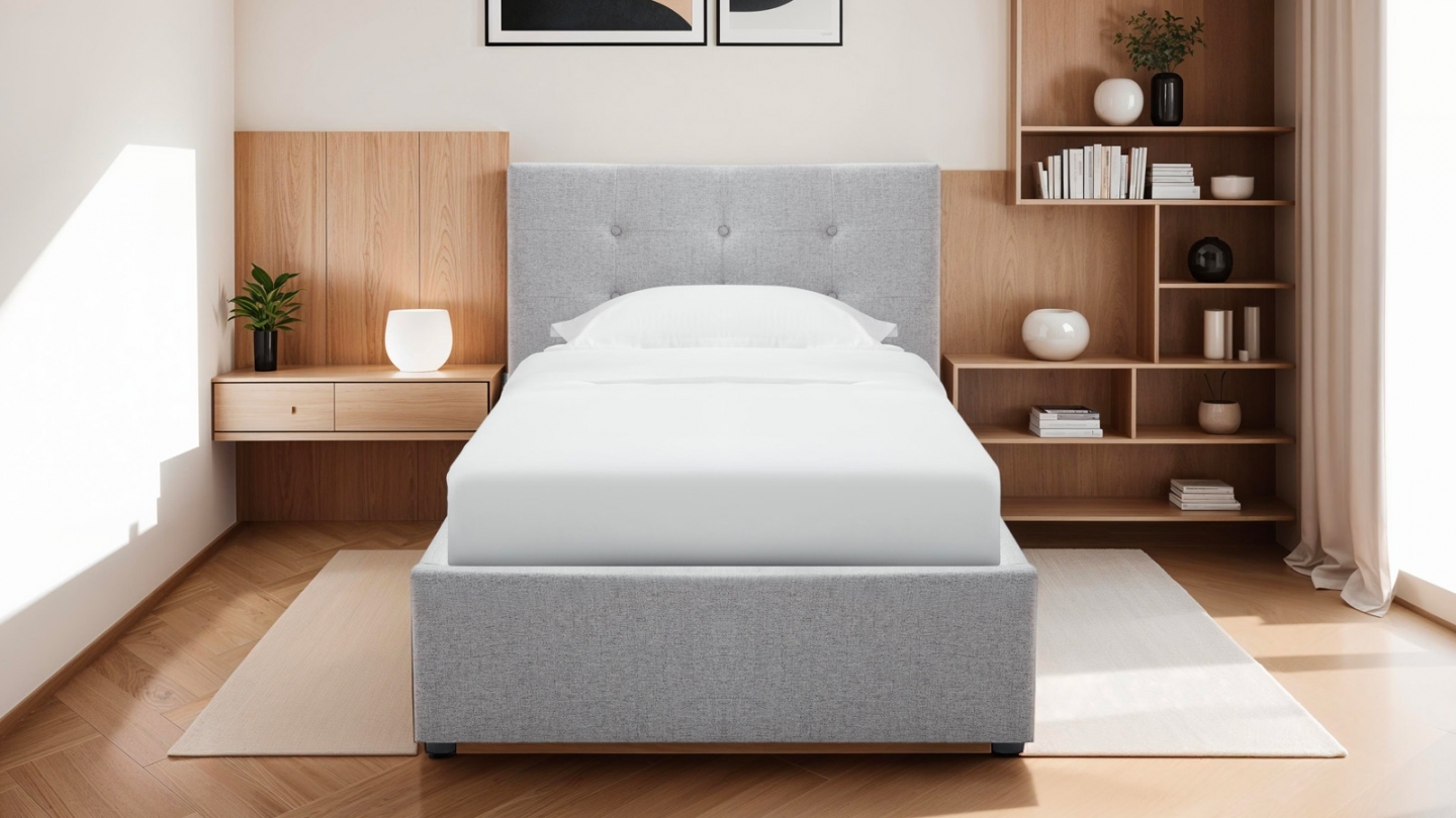 Ensemble Lit coffre adulte 90x190cm avec tête de lit en tissu gris - Tina + Matelas mémoire de forme - Memo HR