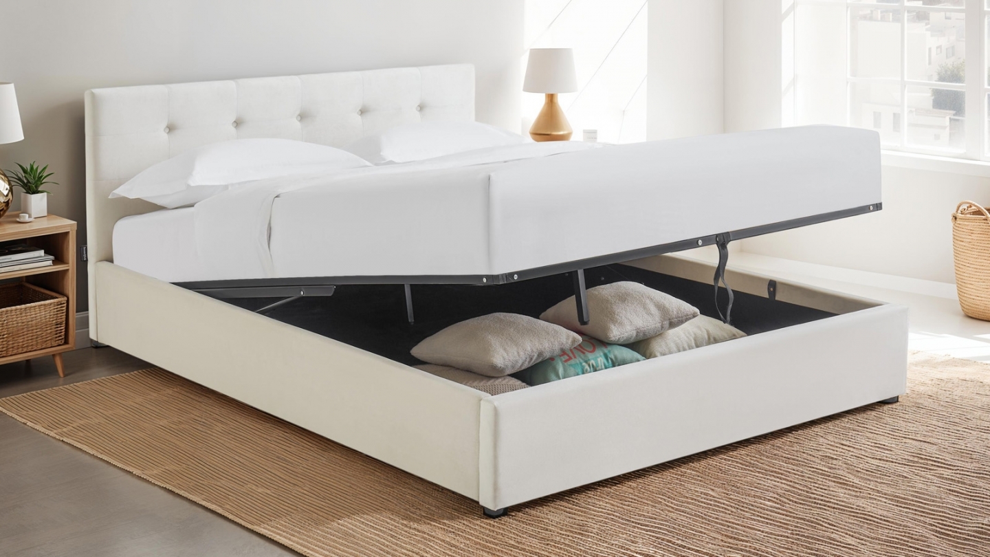 Ensemble Lit coffre adulte 140x190cm avec tête de lit en velours beige - Tina + Matelas mémoire de forme - Memo HR